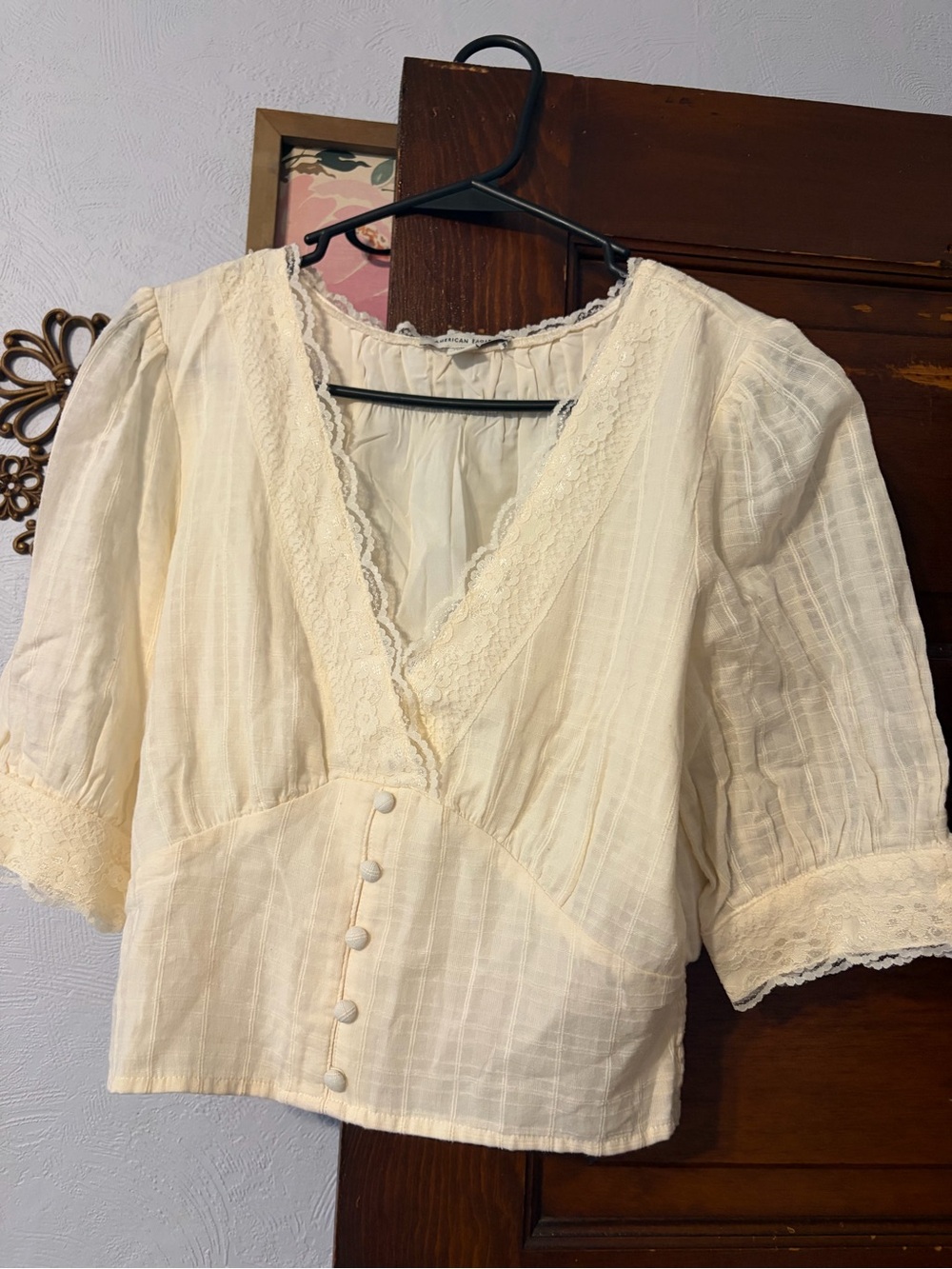 American Eagle Outfitters Cream Lace V-Neck Button Front Blouse